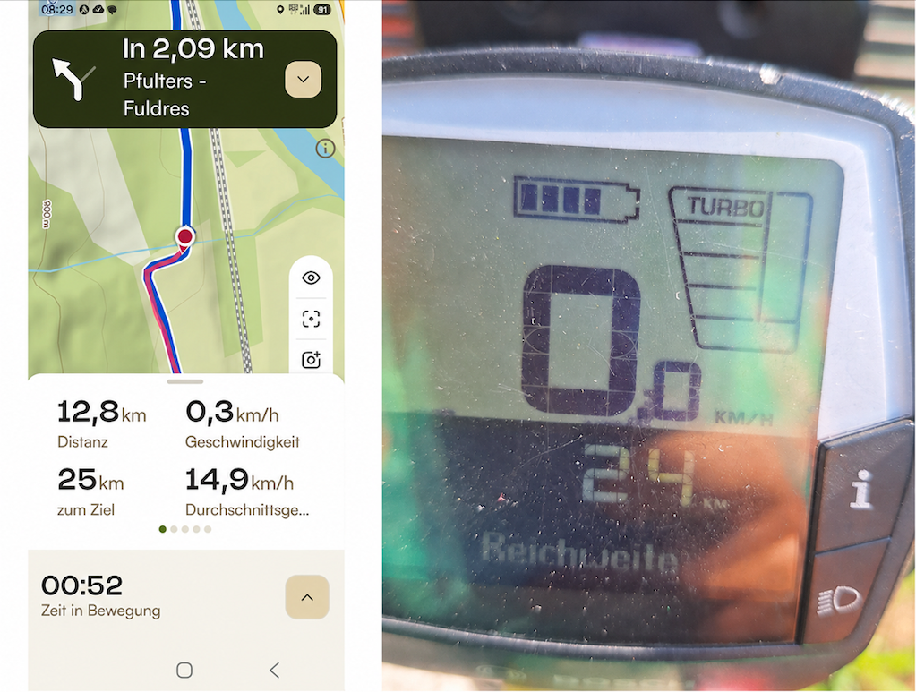 Sabine sieht: Reichweite 24 km, aber 25 km bis zum Ziel. Blöd, dass das Bosch-Gerät einfach nur bei gleichbleibender Steigung hochrechnet … und Sabine unnötig nervös macht